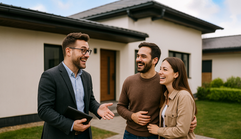 Agente inmobiliario con clientes